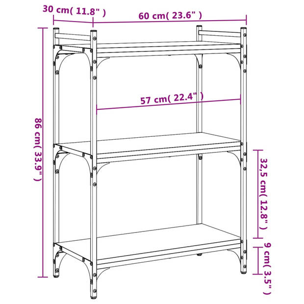 vidaXL Boekenkast 3-laags 60x30x86 cm bewerkt hout bruin eikenkleur