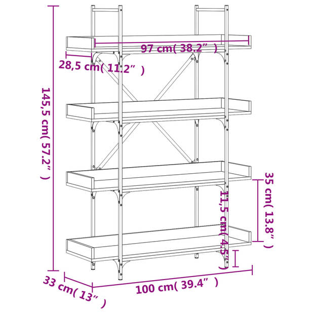 vidaXL Boekenkast 4-laags 100x33x145,5 cm bewerkt hout grijs sonoma