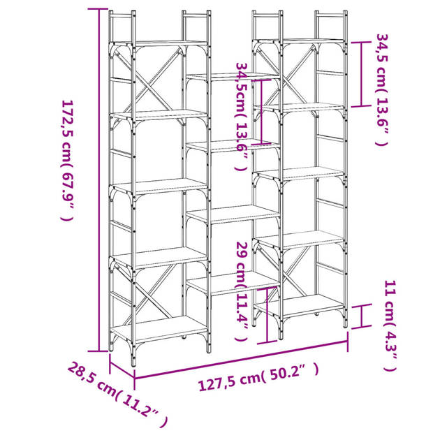 vidaXL Boekenkast 127,5x28,5x172,5 cm bewerkt hout zwart