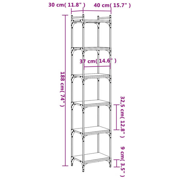 vidaXL Boekenkast 6-laags 40x30x188 cm bewerkt hout grijs sonoma eiken