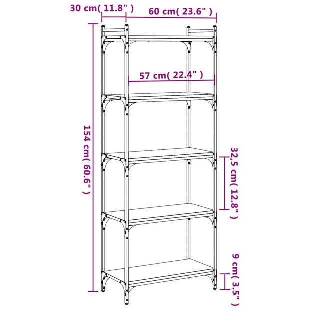 vidaXL Boekenkast 5-laags 60x30x154 cm bewerkt hout grijs sonoma