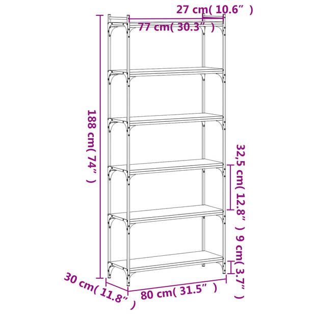 vidaXL Boekenkast 6-laags 80x30x188 cm bewerkt hout grijs sonoma