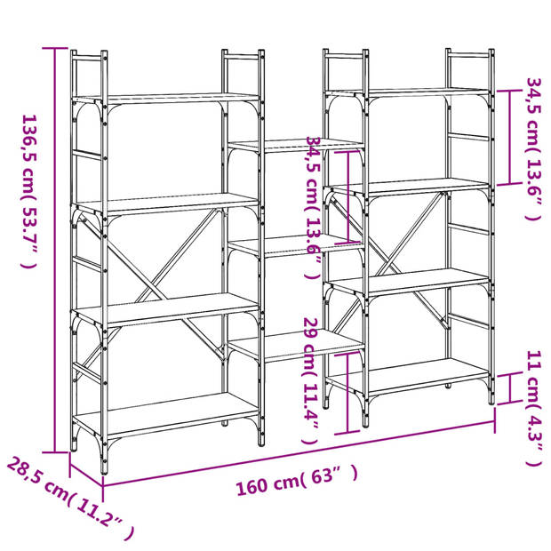 vidaXL Boekenkast 160x28,5x136,5 cm bewerkt hout gerookt eikenkleurig