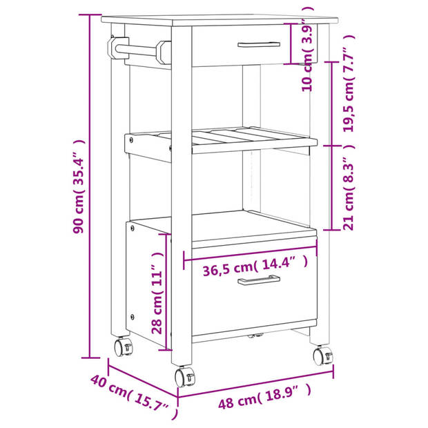 vidaXL Keukentrolley MONZA 48x40x90 cm massief grenenhout