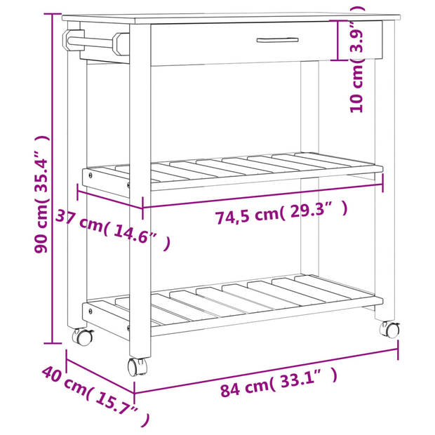 vidaXL Keukentrolley MONZA 84x40x90 cm massief grenenhout