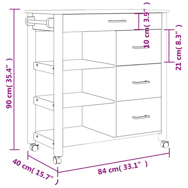 vidaXL Keukentrolley MONZA 84x40x90 cm massief grenenhout