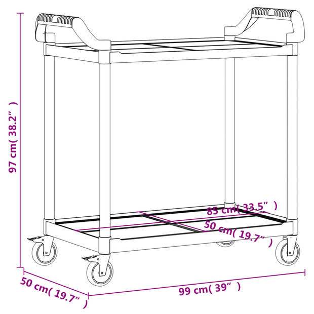 vidaXL Trolley 2-laags 99x50x97 cm aluminium grijs