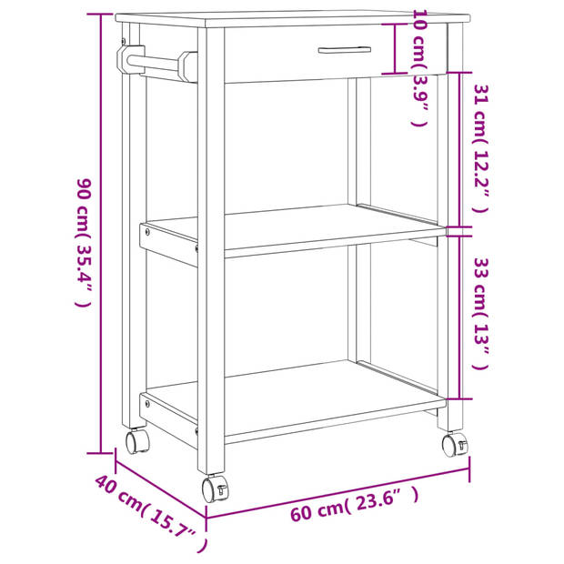 vidaXL Keukentrolley MONZA 60x40x90 cm massief grenenhout