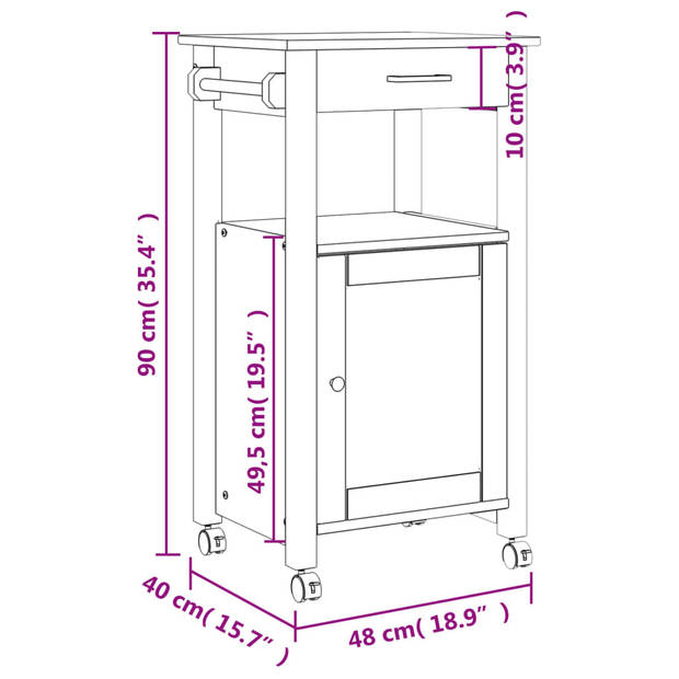 vidaXL Keukentrolley MONZA 48x40x90 cm massief grenenhout