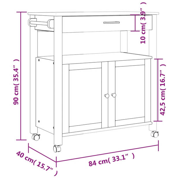 vidaXL Keukentrolley MONZA 84x40x90 cm massief grenenhout