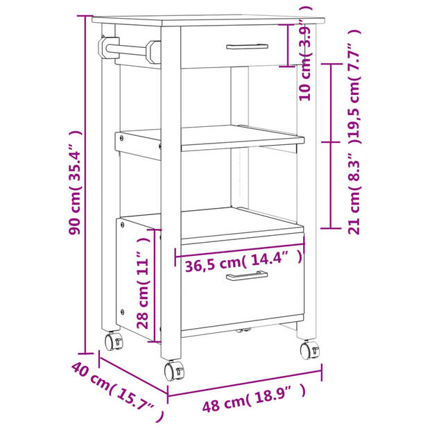 vidaXL Keukentrolley MONZA 48x40x90 cm massief grenenhout