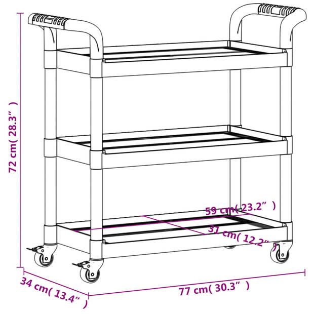 vidaXL Trolley 3-laags 77x34x72 cm aluminium grijs