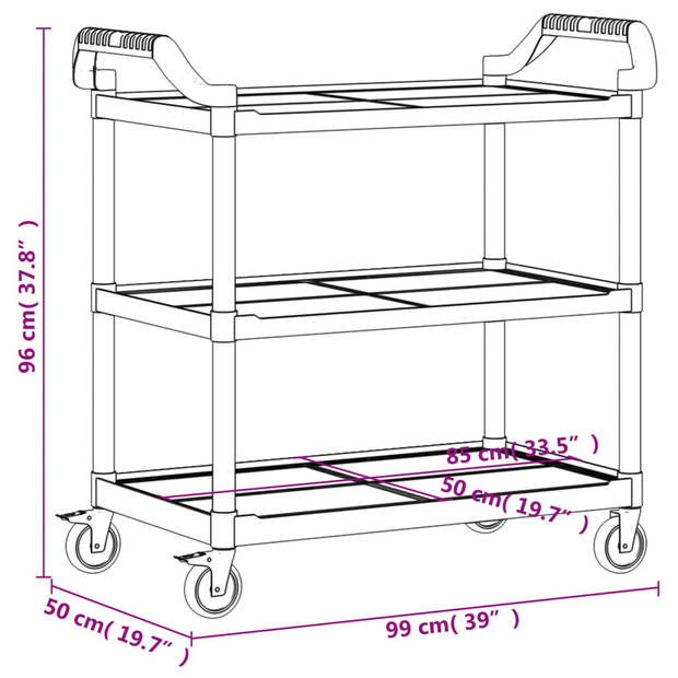 vidaXL Trolley 3-laags 99x50x96 cm aluminium grijs