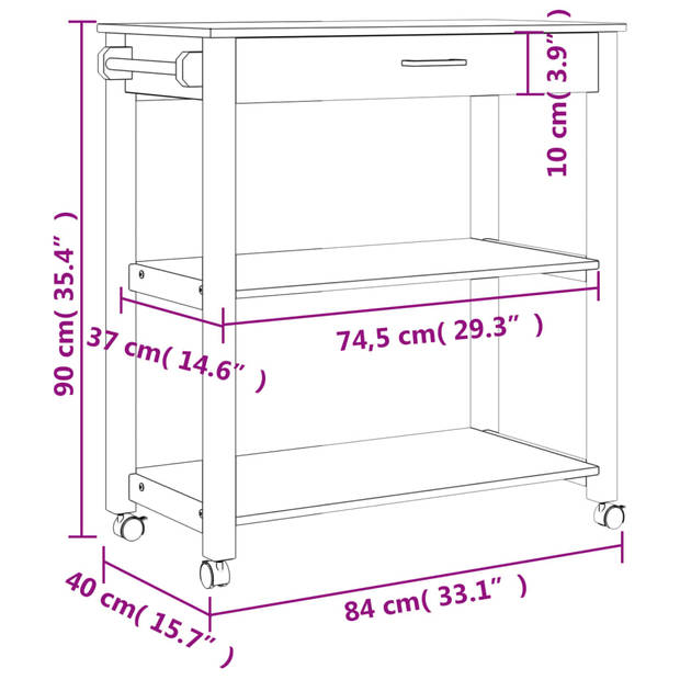 vidaXL Keukentrolley MONZA 84x40x90 cm massief grenenhout