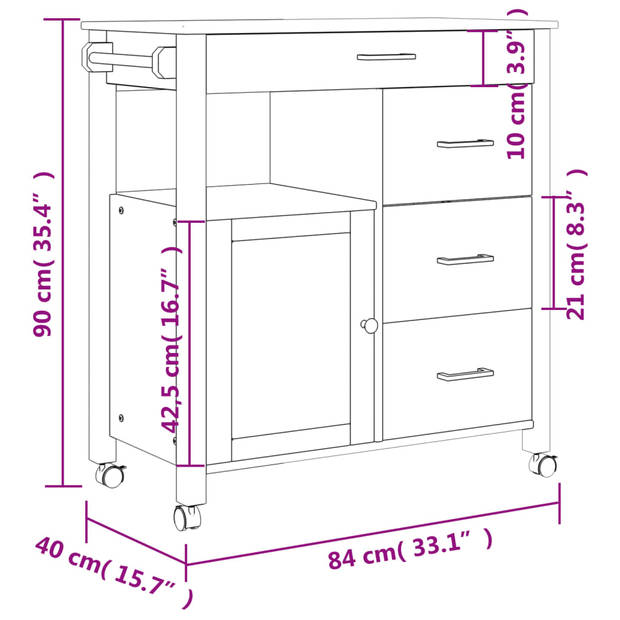 vidaXL Keukentrolley MONZA 84x40x90 cm massief grenenhout