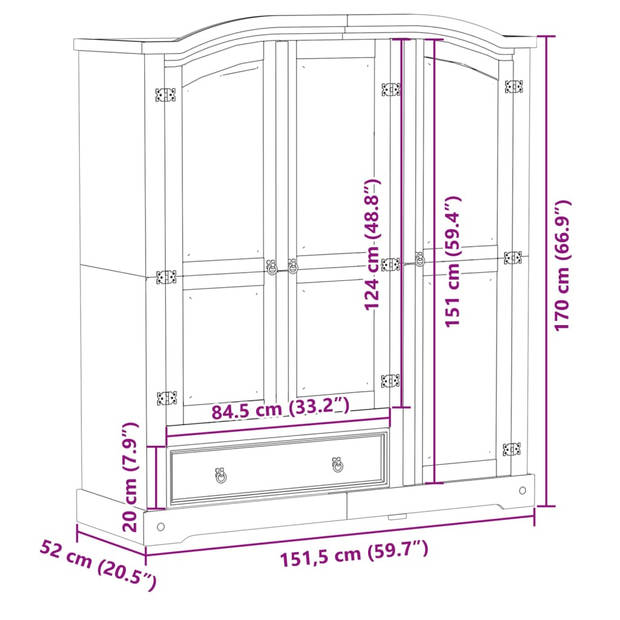 vidaXL Kledingkast Corona 151,5x52x170 cm massief grenenhout