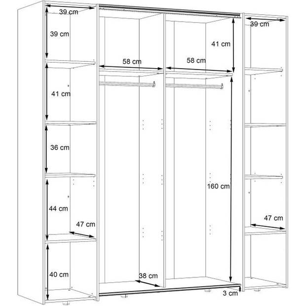 NARAGO kledingkast - Mat wit decor - 2 schuifdeuren + spiegel + 2 draaideuren + 2 kledingkasten - L200 x D61 x H210 cm