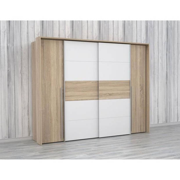 NARAGO kledingkast - Sonoma eiken en mat wit decor - 2 schuifdeuren + 2 draaideuren - L270 x D61 x H210 cm