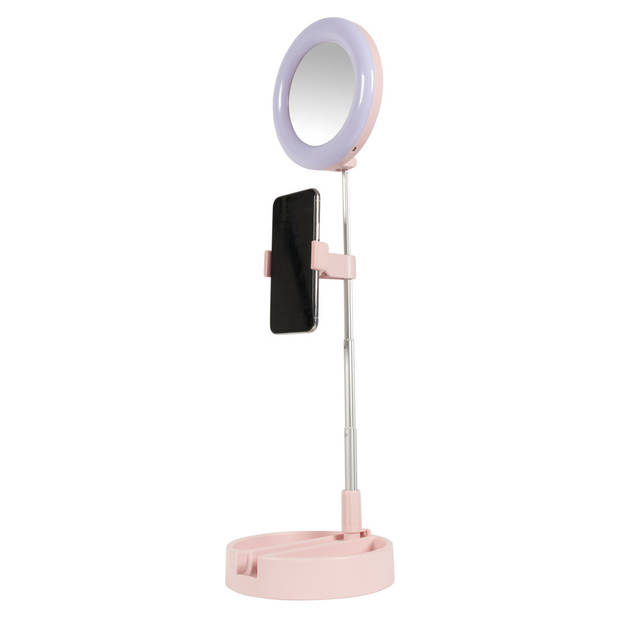 Foldable LED mirror with phone holder