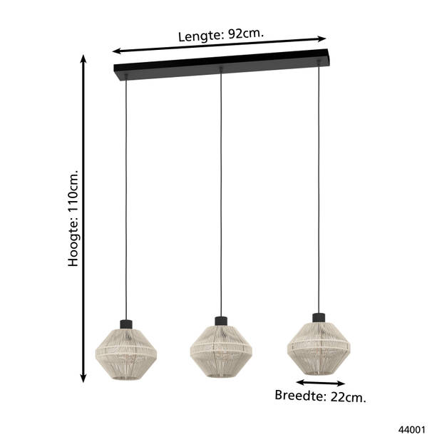 EGLO Midsumer Hanglamp - 3 x E27 - 92 cm - Zwart/Crème - Textiel