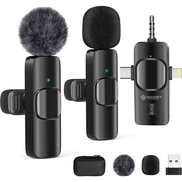 Draadloze Microfoon 2 stuks met Beschermcase - Plug & Play - USB C/Lightning/USB A/Aux - Lavalier Dasspeld Microfoon