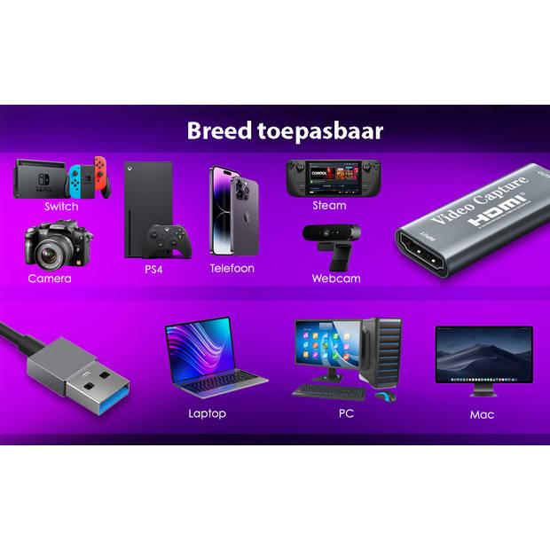 HDMI Capture Card USB-C Adapter - Video/Game Capture - HDMI naar USB - 1080P HD - Cam link - Video grabber - Streamen