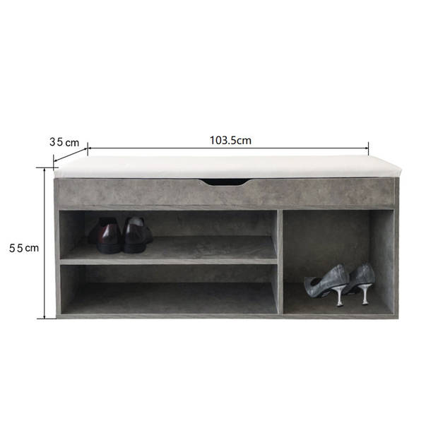 Schoenenkast hal bankje met opbergruimte - schoenenrek met zitkussen - grijs beton look