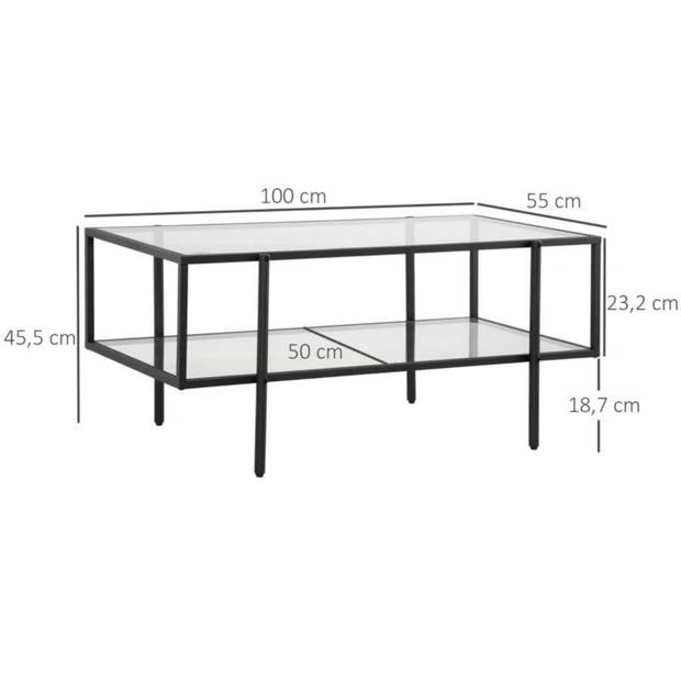 Salontafel met glazen blad - Tafel - Tafeltje - Bijzettafel - Zwart - 100 x 55 x 45,5 cm