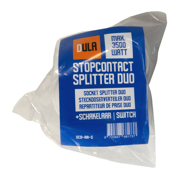 DULA Stopcontact Splitter Duo Randaarde - Stekkerdoos - 2 voudige stekker - met Schakelaar