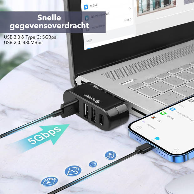 USB 3.0 Hub Splitter met 4 poorten - 5GBps - 3x USB-A & 1x USB-C - USB Switch