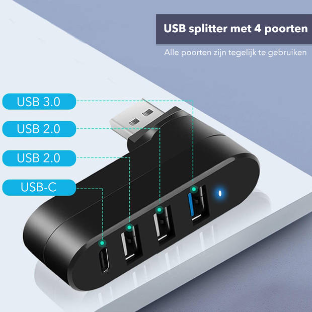 USB 3.0 Hub Splitter met 4 poorten - 5GBps - 3x USB-A & 1x USB-C - USB Switch