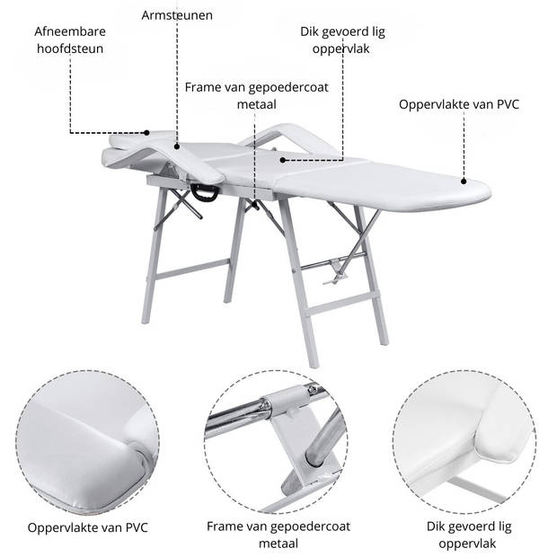 Costway Opvouwbare Cosmetische Behandelstoel 225 kg Draagvermogen Wit 182 x 77,5 x 68 cm