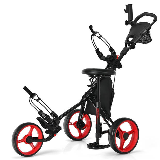 Costway Golf trolley Met 3 Wielen Verstelbaar Lichtgewicht Rood/Zwart 130 x 75 x 98,5-115,5 cm