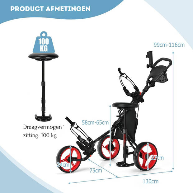 Costway Golf trolley Met 3 Wielen Verstelbaar Lichtgewicht Rood/Zwart 130 x 75 x 98,5-115,5 cm