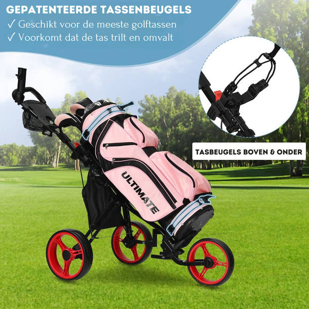 Costway Golf trolley Met 3 Wielen Verstelbaar Lichtgewicht Rood/Zwart 130 x 75 x 98,5-115,5 cm