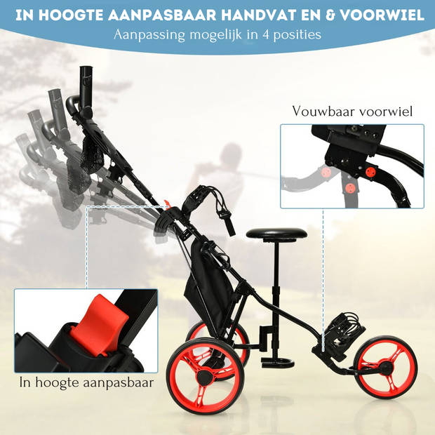 Costway Golf trolley Met 3 Wielen Verstelbaar Lichtgewicht Rood/Zwart 130 x 75 x 98,5-115,5 cm