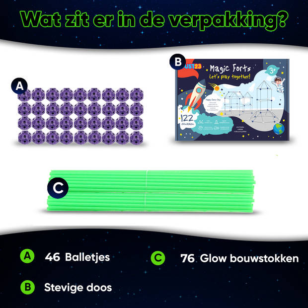 JUST23 Glow In The Dark Mega Speelgoed Bouwpakket - Fantasy Forts – Bouwspeelgoed – Bouwset – Fort & Hut Bouwen