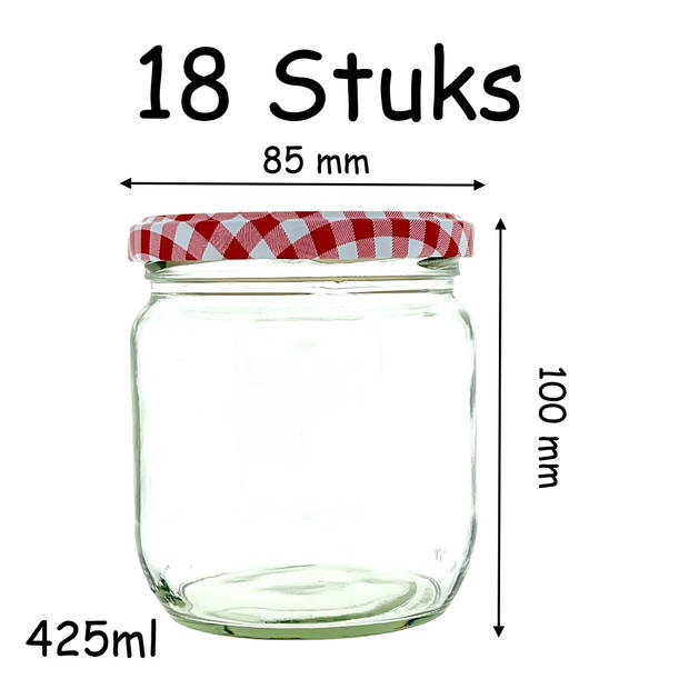 Confituur pot Jampot Inmaakpot met geruite schroefdeksel van 425 ml - 8 x 8 x 8.5 cm - 18 stuks