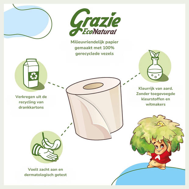 Grazie Natural 2-laags keukenrol - 2 rollen - recycled drankkarton - Zacht voor huid - Milieuvriendelijk -