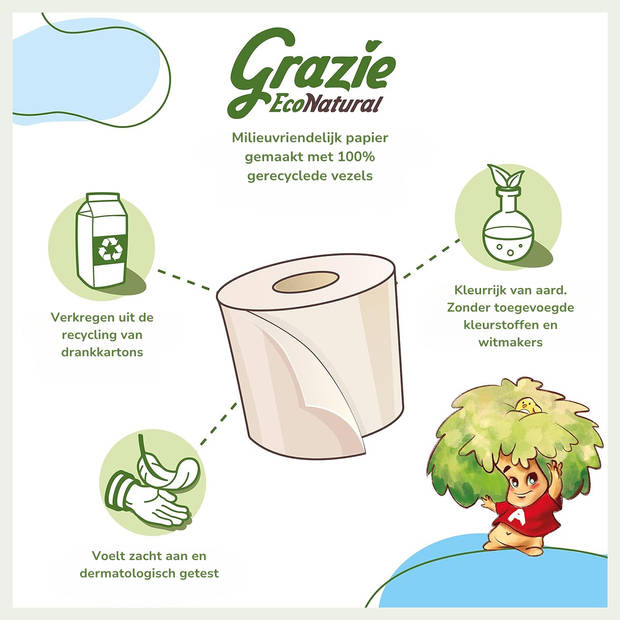 Grazie Natural 3-laags Toiletpapier - Recycled Drankkarton - Vrij van Bleek - Zachtheid - Sterkte - Ecolabel