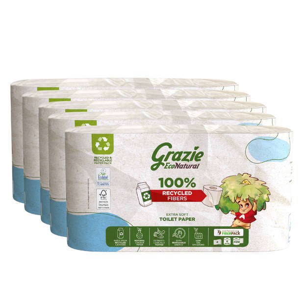 Grazie Natural - 2-laags Toiletpapier - 30 rollen - Gerecyclede Vezels - Milieuvriendelijk - Ecolabel-gecertificeerd