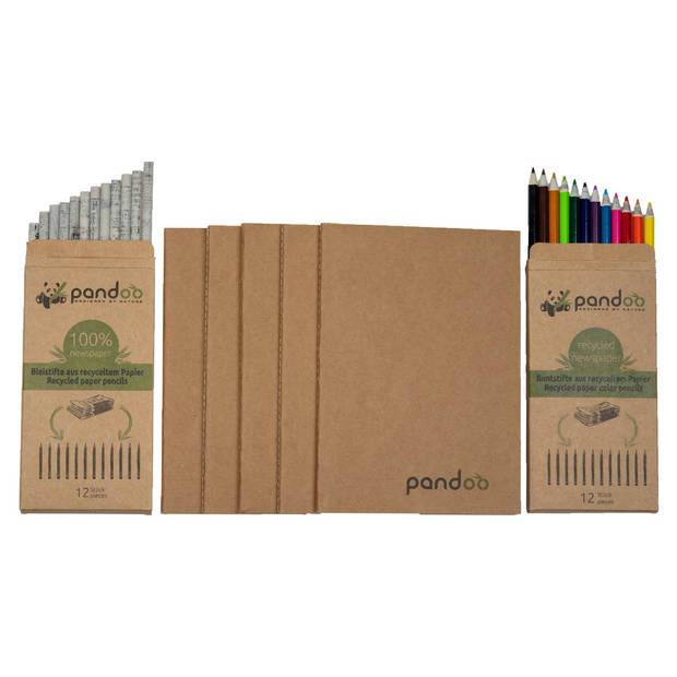 Pandoo Bamboe Notitieboek A5 Cadeauset - Naturel Bruin - Gerecycled Papier Potloden - Ideale Feestdagen Cadeau -