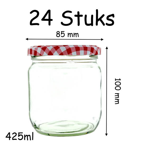 Confituur pot Jampot Inmaakpot met geruite schroefdeksel van 425 ml - 8 x 8 x 8.5 cm - 24 stuks