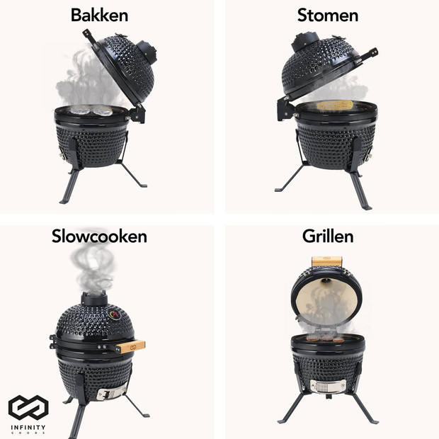 Infinity Goods Kamado BBQ Egg - 13 Inch - Inclusief Hoes - Houtskoolbarbecue - Ø 27 CM - Zwart