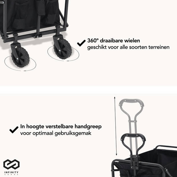 Infinity Goods Bolderkar - Opvouwbaar - 100KG Draagkracht - Draaibare Wielen - 90 x 50 x 75 CM - Verstelbaar - Zwart