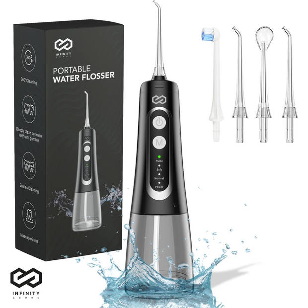 Infinity Goods Waterflosser - Monddouche - Elektrisch Flosapparaat - Draadloos En Oplaadbaar - 5 Opzetstukken - Zwart