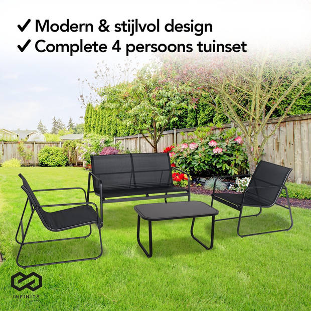 Infinity Goods Tuinset - Loungeset - Tuinmeubelen - Tuinbank - Tuinstoelen - Tuintafel - Glazen blad - 4 Persoons -