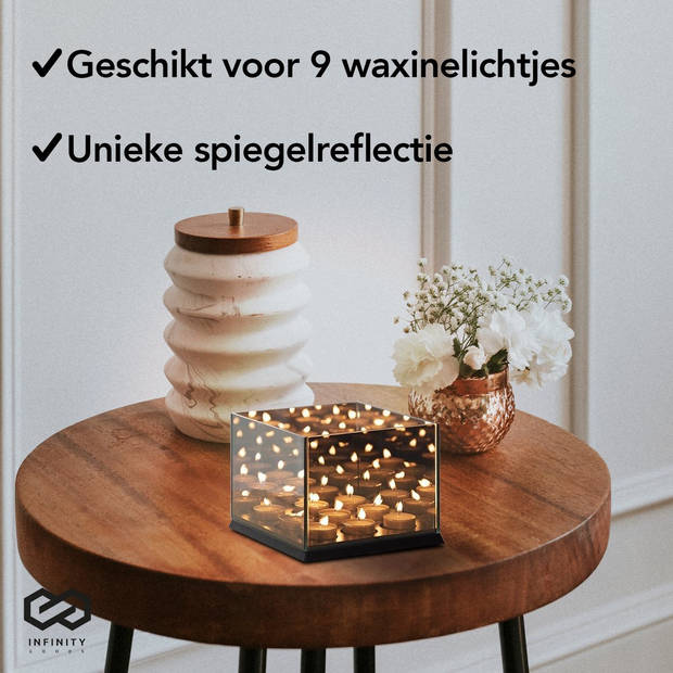 Infinity Goods Waxinelichthouder - Theelichthouder - 9 Waxinelichtjes - Reflecterend Spiegel Glas - Kaarsenhouder -