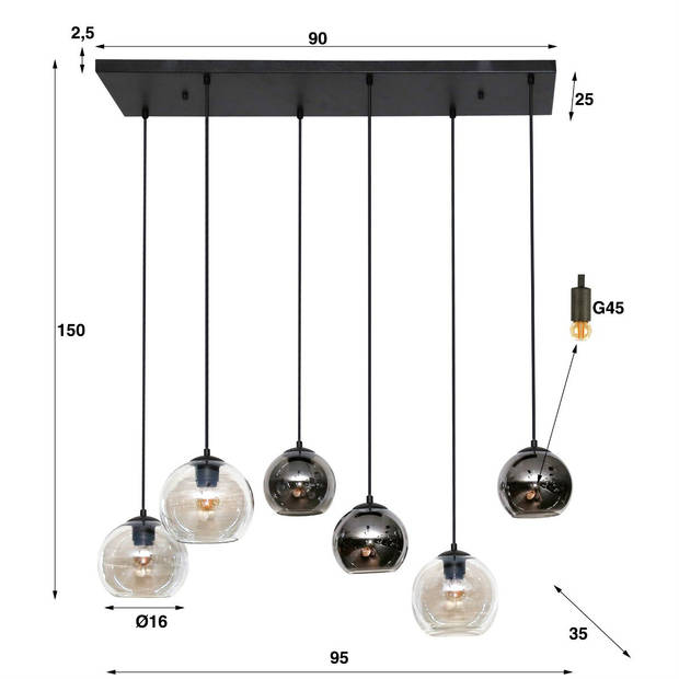 Camille hanglamp 6L glas 95 cm transparant