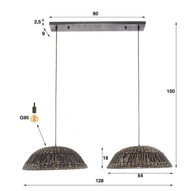 Lucy hanglamp 2x dome - zwart nikkel